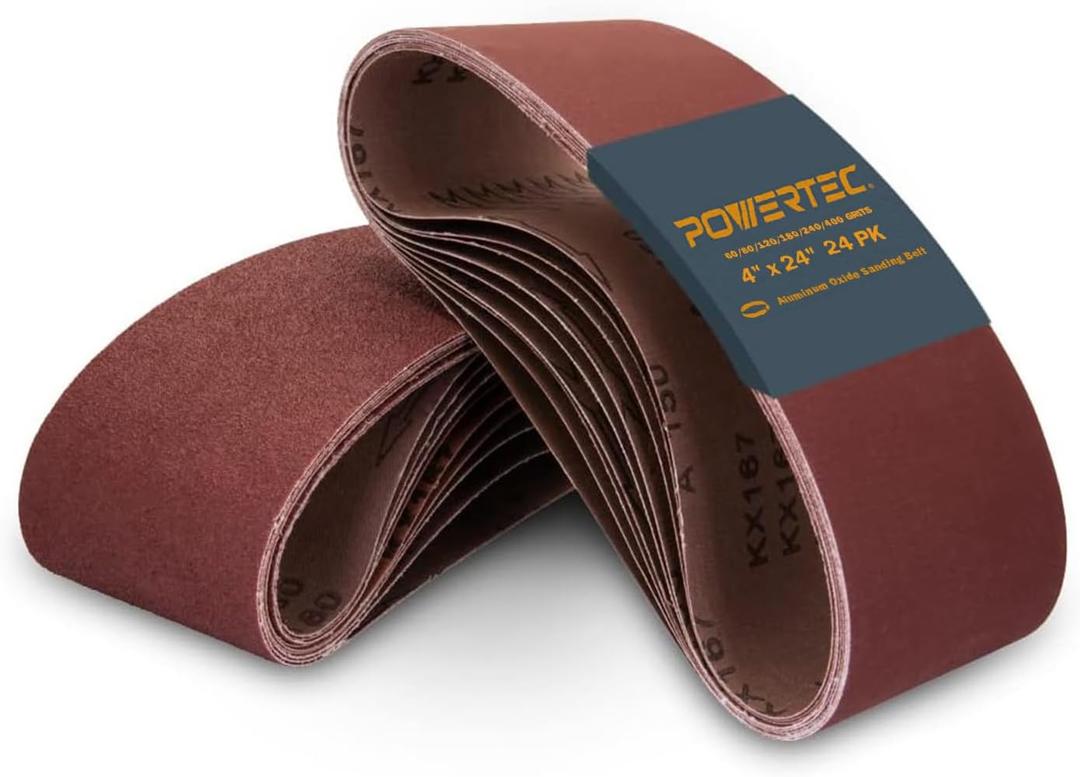 POWERTEC 4 x 24 Inch Sanding Belts, 4 Each of 60 80 120 180 240 400 Grits, 24PK, Aluminum Oxide Belt Sander Sanding Belt Assortment, Sandpaper for Makita Belt Sander (110002-P2) (60- 400 Grit,24pk)