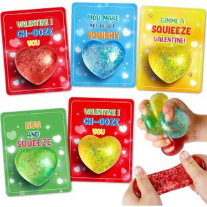 Valentines Day Gifts Cards for Kids, 24 Pack Heart Stress Balls with Greeting Cards, Stretchy Toy Balls Bulk Gift for Kids Classroom Exchange Prizes, Squeeze Fidget Toys for Party Favor