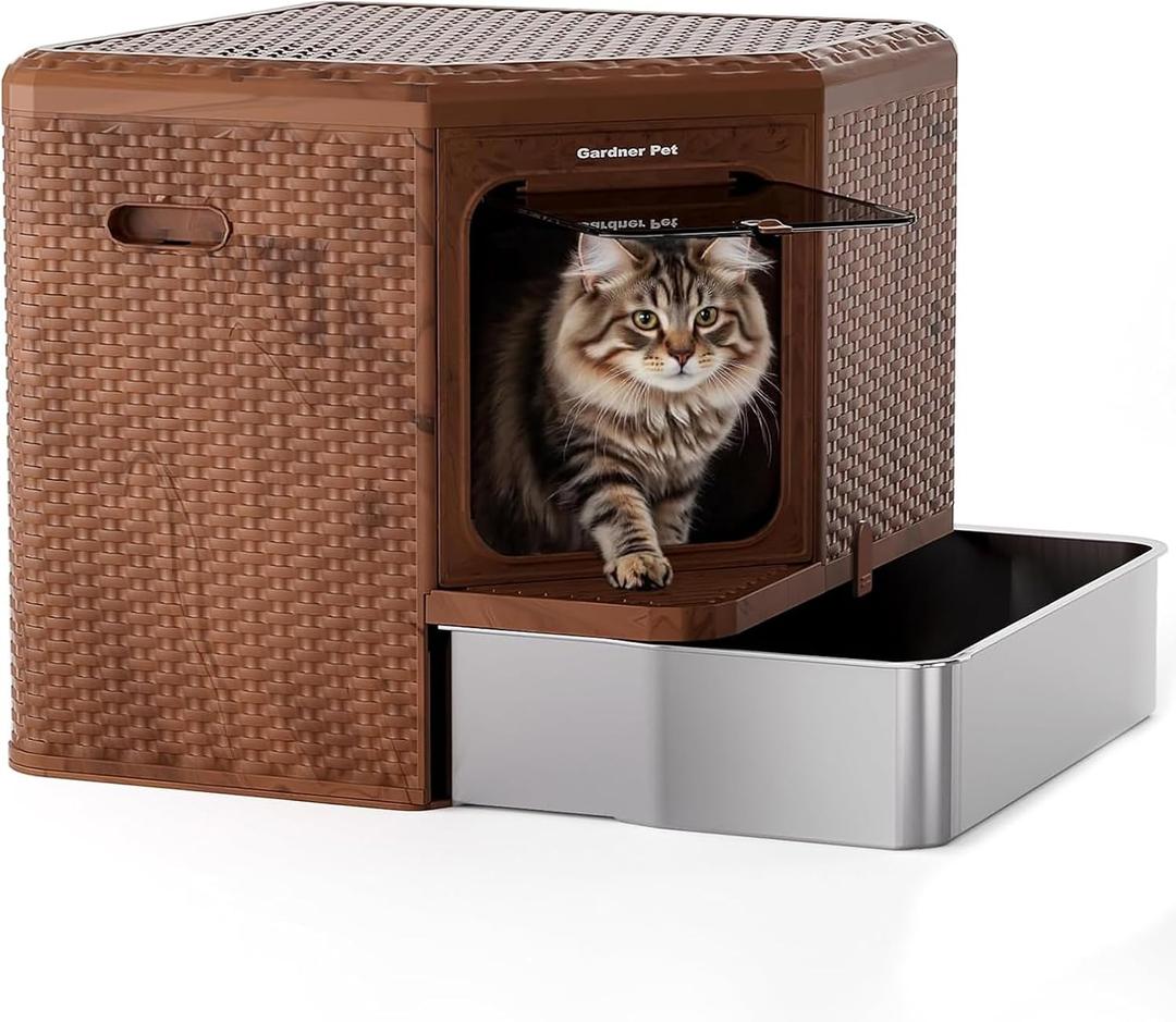 Gradner Pet Cat Litter Tray, Odour-Resistant Enclosed Cat Litter Box (Stainless Steel Little Box)
