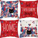 CRASHOT 4th of July Pillow Covers 18x18 Inch, 4 Pcs Patriotic Black Cat Decorative Pillowcases with American Flag Stars and Hearts, Independence Day Cushion Covers for Sofa