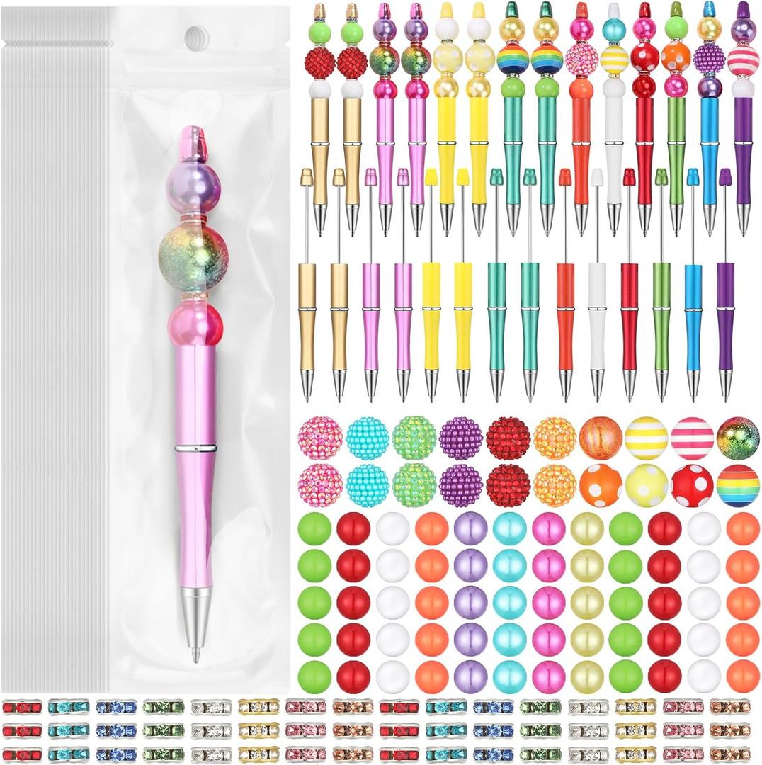 Cholemy 24 Sets Assorted Plastic Beadable Pens Multicolor Bubblegum Crystal Spacer Beads Black Ink Ballpoint DIY Bead Pen Set for Women Office Gifts(Beautiful)