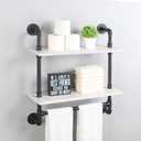 MBQQ Iron Pipe Shelves Industrial Bathroom Shelves with Towel bar,24in Rustic Metal Pipe Floating Shelves Pipe Wall Shelf,2 Tier Industrial Shelf Wall Mounted, Black & White
