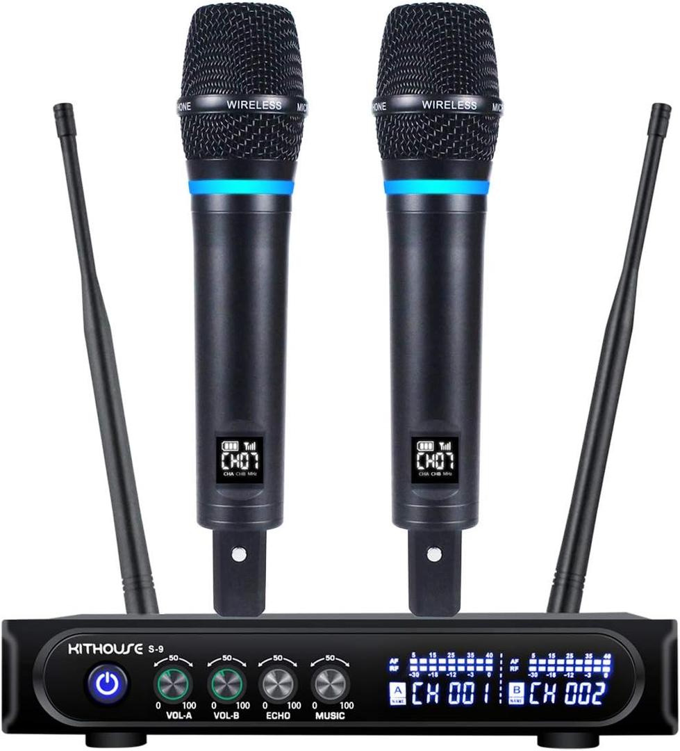 Kithouse S9 UHF Rechargeable Wireless Microphone System Karaoke Microphone Wireless Mic Cordless Dual with Bluetooth Receiver Box + Volume Control ECHO for Karaoke Singing Speech Meeting Church, 200FT