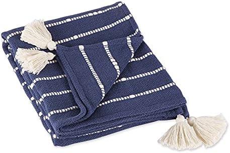 DII Striped Throw Collection Cotton Slub, Hand-Tied Tassels, 50x70, French Blue & Off-White