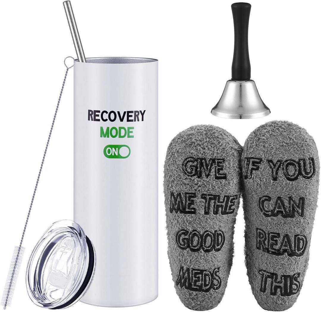 3 PCS Funny Get Well Soon Gifts 20oz Hospital Mug fuzzy Funny Recovery Socks Silver Steel Tea Hand Bell (White)