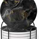 Set of 6 Abstract Black Marble Coasters with Holder, Absorbent Ceramic Coasters for Drinks, Coasters with Cork Backing for Table Protection, Housewarming Gifts for New Home