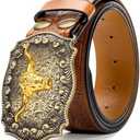 Mawjom Western Cowboy PU Leather Belt - Men Waist Strap Bull Decoration Floral Engraved for Jeans 25" to 38" Waist
