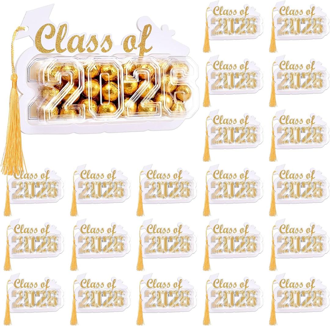 Motiskyy 30 Pack 2026 Graduation Candy Card Class of 2026 Grad Party Favor Supplies Candy Dome Greeting Card with Tassel Chocolate Holder College High School Graduate Gift Box DIY(White,Gold)