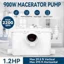900W Macerator Pump Toilet Pump Upflush to 29.5FT 2200GPH Utility Sink Pump with 4 Water Inlets 1 Outlets Macerating Toilet System for Toilet Sink Shower Laundry Kitchen Basement