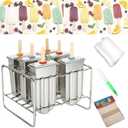 Set of 6 Stainless Steel Popsicle Molds Kit, Metal Popsicle Moulds, Homemade Ice Treat Makerwith 50 Wooden Sticks and 6 Silicone Seals and 20 Pop Bags, Cleaning Brush（semi-circular）