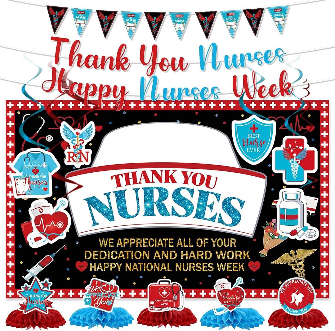 Happy Nurses Week Decorations - 15 Pcs 2026 Nurse's Day Appreciation Party Supplies Favors Pre-strung Thank You Nurse Banners Backdrop Garland Hanging Swirls Honeycomb Centerpieces Decor