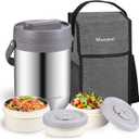 Munmel Adults Lunch Vacuum Soup Thermo For Hot Food with Inserts Stackable Bento Box Storage Container,Width Mouth Stainless Steel Portable Insulated Food Jar (Silvery, 74 oz)