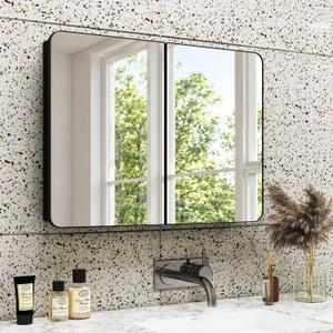 32x24 in Double Door Medicine Cabinet with Mirror, Matte Black
