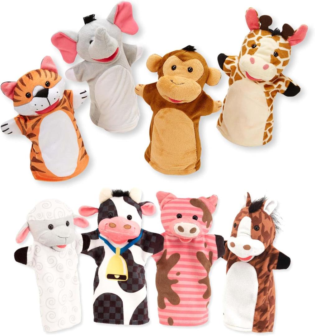 Melissa & Doug Animal Hand Puppets (Set of 2, 4 animals in each) - Zoo Friends and Farm Friends