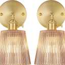 Vintage Wall Sconces Set of 2 with Amber Stripe Glass Lampshade 180 Degree Adjustable Brass Sconces Hradwired Modern Wall Lighting Fixture with Switch for Bedside Bedroom Doorway (Hardwired (2 pack))