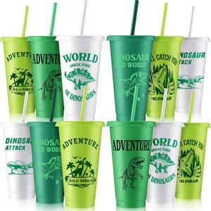 Mifoci 12 Pcs Dinosaur Party Favor 24 oz Plastic Cup with Lids and Straws Set Kids Reusable Dinosaur Cup Decorations for Beverage Birthday Party Dino Supplies (Green)