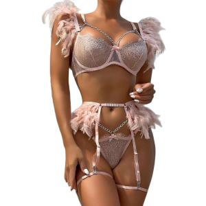 Women Sexy Lace Lingerie Set, Perspective Bra Adjustable, Sexy Bottom See Through Briefs (Large, Pink)