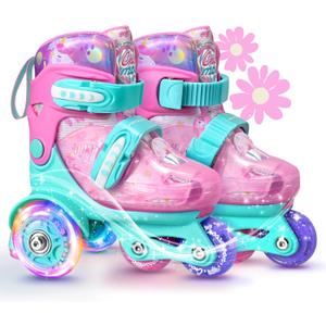 Unicorn Toddler Roller Skates, Kids Training Safety Tripple Protection Roller Skates with 4 Adjustable Sizes, Fun Light-Up Wheels, Little Girls' Fancy Gift (XS-Small(6.5C-9C US), Mint Whimsy)