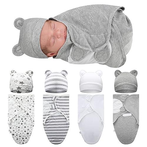Buryeah 4 Pack Preemie Swaddle Blanket Wrap Set with Hat for Baby Boys Girls 3-7 Lbs Preemie Newborn Clothes Sleepers Cap(Gray,Star)