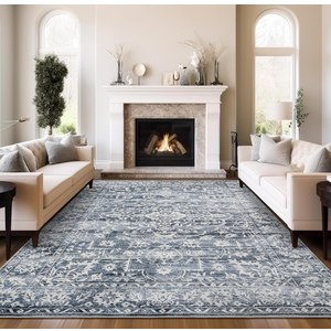 8x10 Area Rugs for Living Room, Stain Resistant Washable Rugs for Dining Room, Kitchen, Floral Vintage Non-Slip Thin Large Area Rug(Blue, 8'x10')