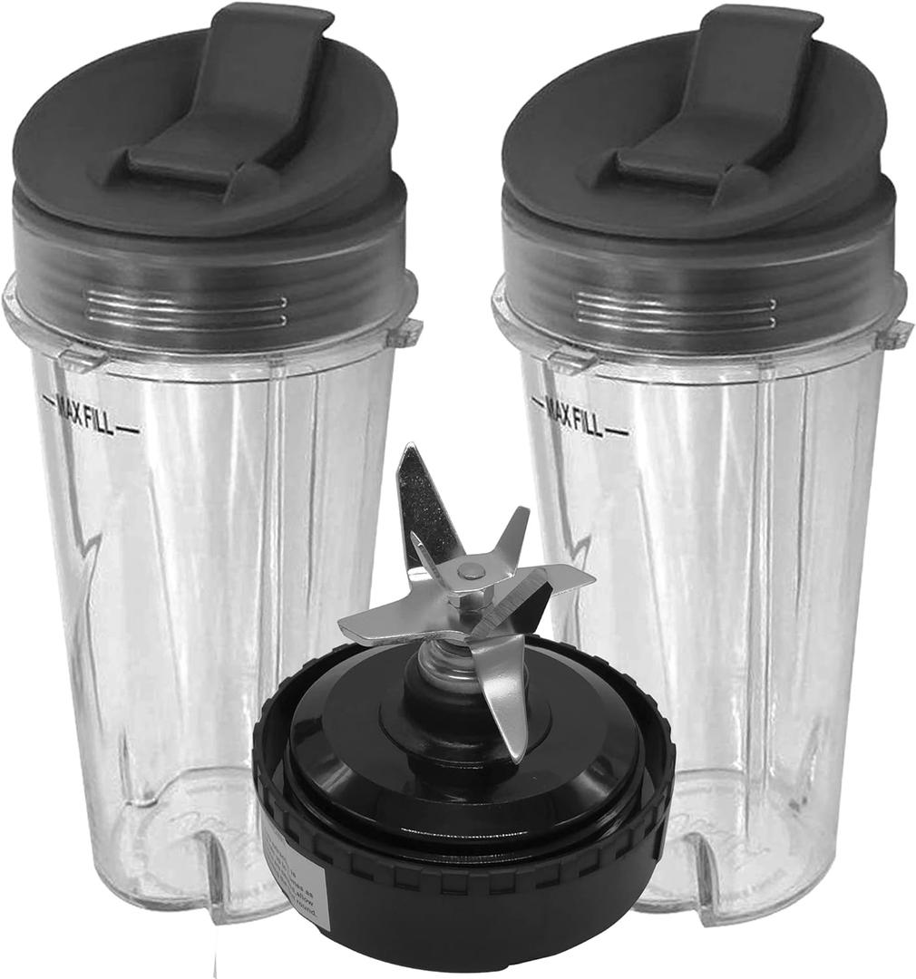 2pcs Replacement 16oz cup with lid and 1pcs extractor blade,Compatible with Ninja Kitchen System Pulse Blender BL200 30/ BL201 30/BL201C 30/BL203QBK 30 /BL203OCN 30/ BL203QB 30