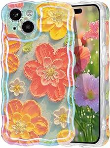 EYZUTAK Case for iPhone 15, Colorful Retro Oil Painting Flower Laser Glossy Cute Curly Wave Edge Case Stylish Durable Soft TPU Protective Phone Cover for Girl Women - Pink Flower/Green