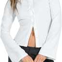 Trendy Fitted Button Down Shirts for Women Long Flare Sleeve Striped Cropped Shirt Business Top Autumn Blouse (Medium, White)