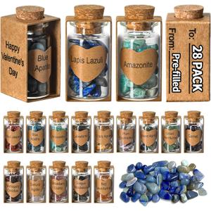 28 Pack Prefilled Valentines Day Gifts for Kids - Crystal Gemstone Chip Bottles and Valentines Day Cards for Kids School Classroom Class Exchange Boys Girls Bulk Prizes Party Favors