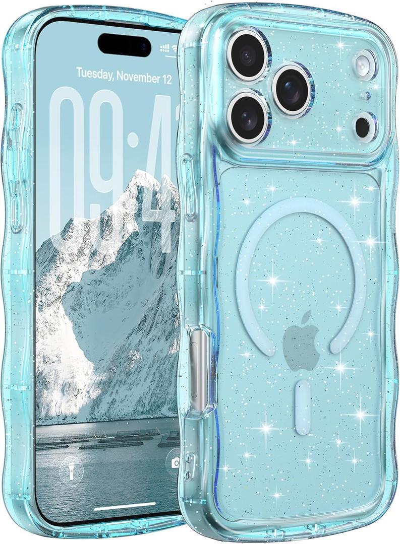 FABSPARK Case for iPhone 17 Pro Max,Compatible with MagSafe,Magnetic Clear Curly Wavy Frame Wave Case with Sparkly Bling Glitter,Transparent Acrylic Hard PC for iPhone 17 Pro Max,Glitter Clear Blue