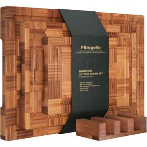 Bamboo Cutting Boards for Kitchen,Chopping Boards Set with Juice Groove,End Grain Bamboo Butcher Block,Serving Board with Holder(3 Pcs)