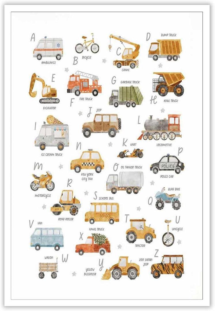 Boys' Kindergarten Transportation Vehicle Alphabet Canvas Wall Art Children's Construction Alphabet Poster Prints For Home Bedroom Dorm wall Decor 12x16in Unframed