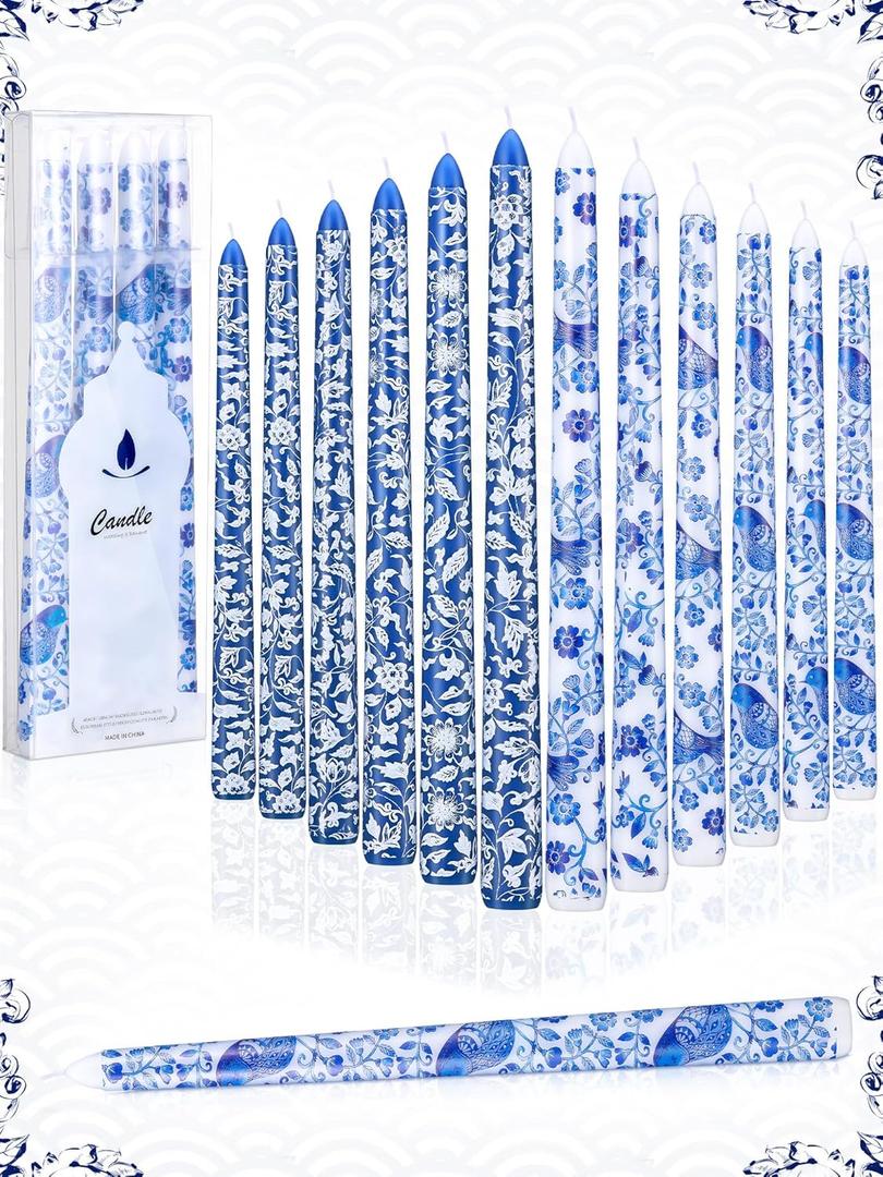 Conelist 12 Pcs 10 Inch Chinoiserie Taper Candles Blue and White Candle Decorative Taper Candles Bulk Chinoiserie Decor Blue and White Candlesticks Gifts for Wedding Party Table Home Gift Decoration