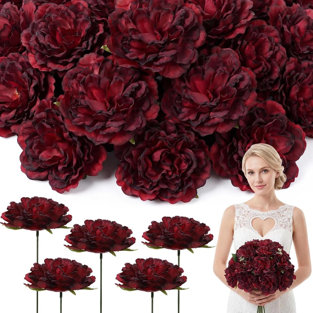 Hoteam 50 Pcs Burgundy Artificial Rose Flower Heads Bulk 3.5 Inch Silk Fake Peony Flowers with 50 Wire Stems for Wedding Crafts Wreaths Hair Bouquet Party Decoration