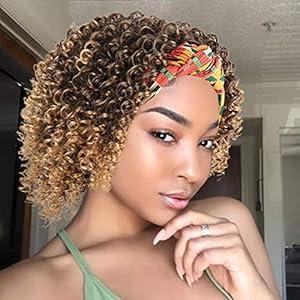 Aisaide Headband Wigs for Black Women Synthetic Short Kinky Curly Afro Golden Wig with Headband Attached Scarf Wigs Deep Curly None Lace Front Wig Head Wrap Wig 2 in 1 Synthetic Curly Hair Wigs