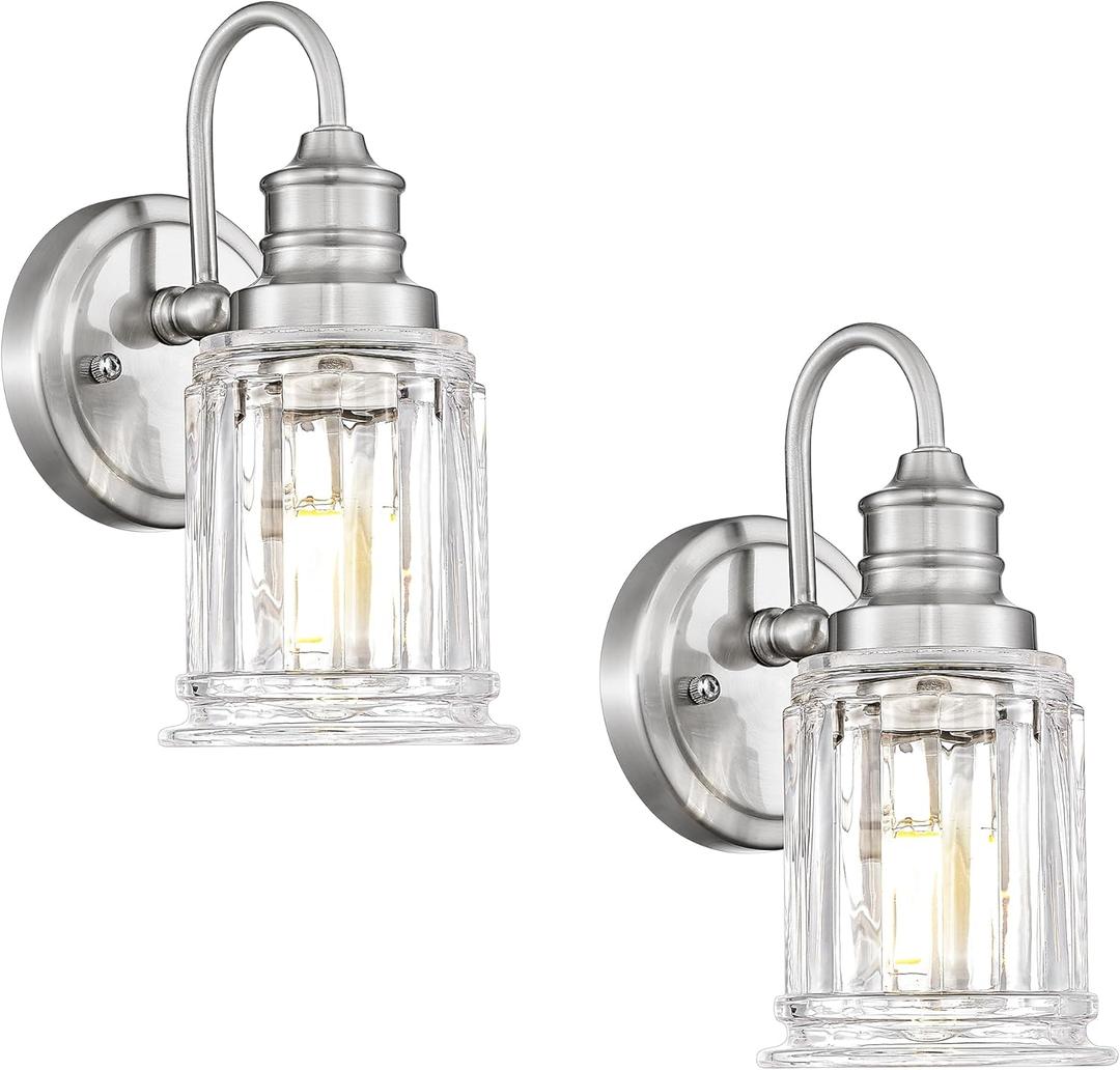 Bathroom Wall Sconces Brushed Nickel, HWH Modern Bathroom Vanity Wall Light Sconce Wall Lighting Set of 2, 1-Light Wall Sconce Bell-Shaped Fluted Glass, 5HZG106B-2 BN
