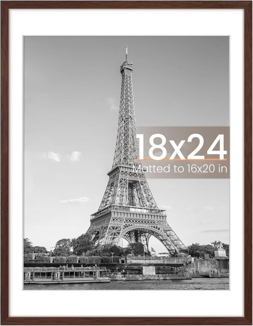 Upsimples 18x24 Picture Frame, Display Pictures 16x20 with Mat or 18 x 24 Without, Wall Hanging Poster Frames, Brown, 1 Pack