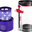 QINAN Upgraded Canister Replacement Parts Compatible With Dyson Cyclone V10 Animal,V10 Total Clean,V10 Absolute,V10 Animal,SV12 Vacuum Dust Bucket HEPA Filter attachments 969509-01, Blue/Grey