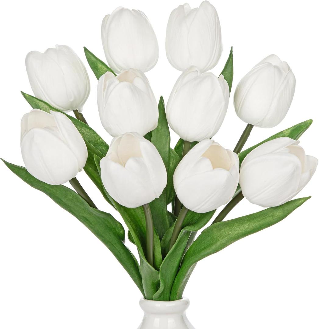 DILATATA 10 Pcs White Tulips Artificial Flowers Large Tulips Head Real Touch Fake Tulip Fake Flowers for Mother's Day 11.4" Faux Tulip for Vase Centerpieces Home Wedding Bouquet