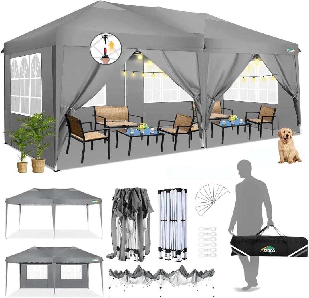 COBIZI 10x20 Pop Up Canopy Tent with 6 Sidewalls Party Tents Waterproof UPF 50+ Commercial Instant Outdoor Events Tent for Parties Markets Backyard, Ropes10 x 20 ft Gray