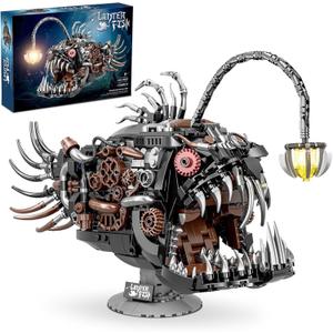 Mechanical Lantern Fish Building Sets for Adults, Compatible with Lego, Creative Ocean Animal Toy for Home Office Decor, STEM Gift for Boys 8-14