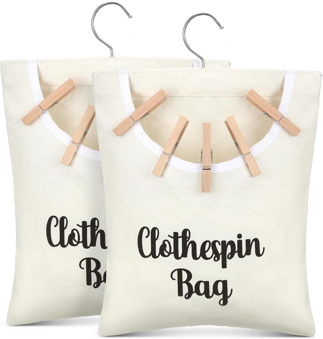 2 Pcs Canvas Clothespin Bag laundry Hanging Storage Organizer Clothes Pin Hanging Bag with Hook Clothespin Holder with an Extra Large Opening, Holds 100 Clothes Pins for Clothesline Outdoor