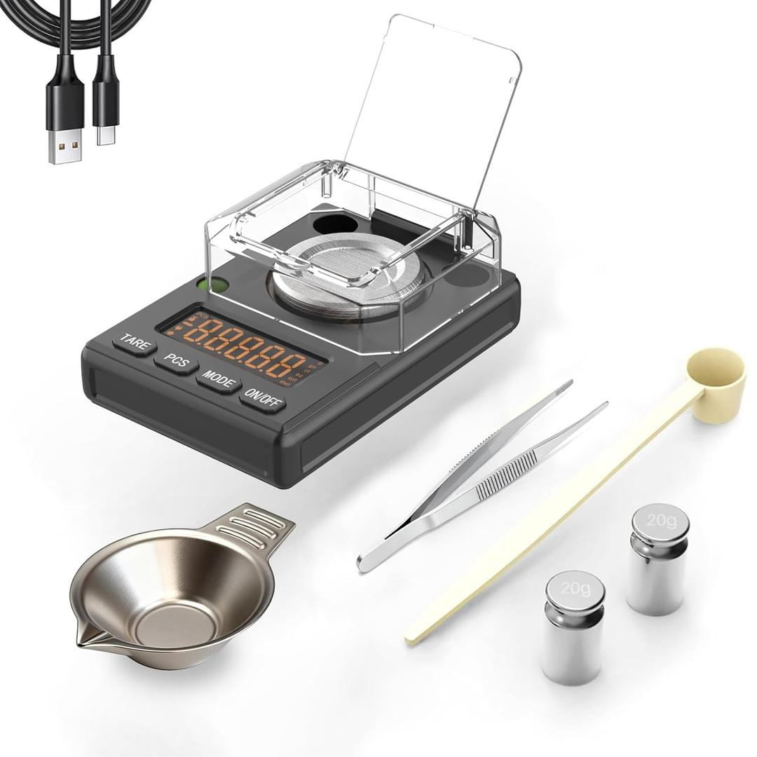 Milligram Scale 100g x 0.001g, MG Powder Scale with Selectable Auto Off, Built-in Bubble Level, 20g Calibration Weight Included, USB/Battery (Black)