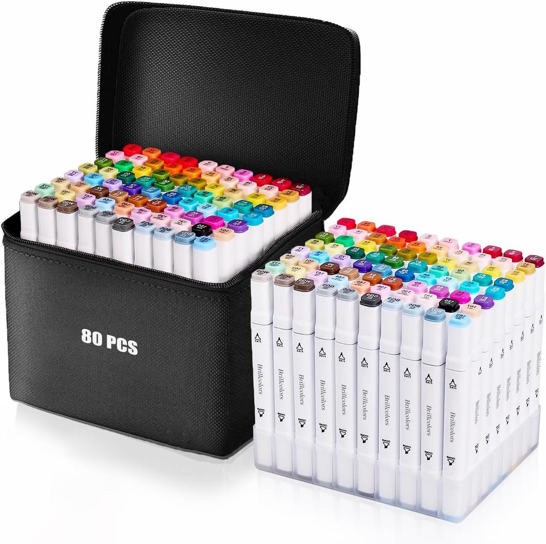 Brillcolors 80 Colors Alcohol Markers with Base Dual Tip Drawing Markers for Adult and Kids Comics Coloring Sketching Illustration (80 White) -Refillable