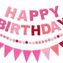 Pre-Strung Happy Birthday Banner & Felt Garland Set - Ombre Pink Birthday Decorations for Women Girls | Reusable Party Supplies for Indoor & Outdoor