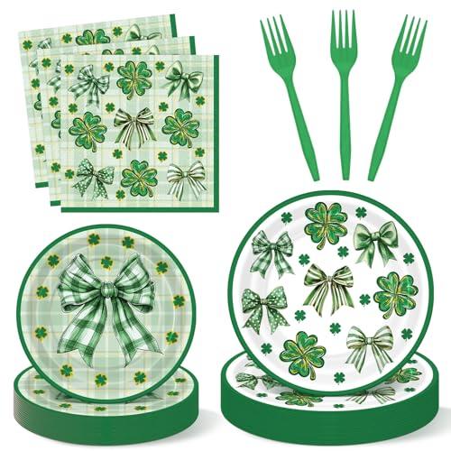 Havawish St Patrick's Day Party Supply Irish Bow Paper Plates and Napkins Shamrock Party Decoration Saint Patricks Day Disposable Green Paper Plates for 24 Guests Table Supply for Birthday Baby Shower