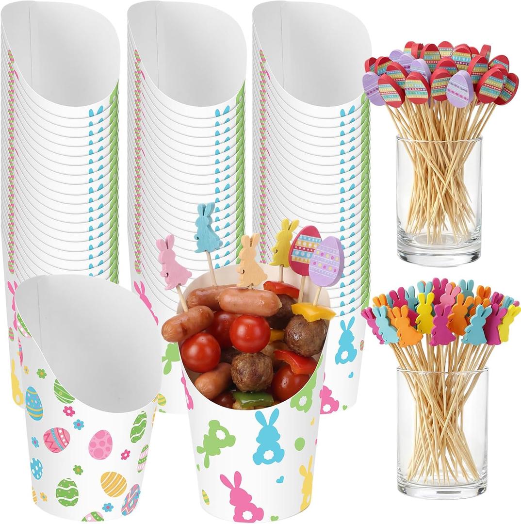 LemonRoad 250 Pcs Easter Charcuterie Cups with Sticks Included 50 Pcs 14 oz Disposable French Fry Cups 200 Bunny Egg Cocktail Picks Paper Appetizer Snack Bowls for Easter Party Supplies Decorations