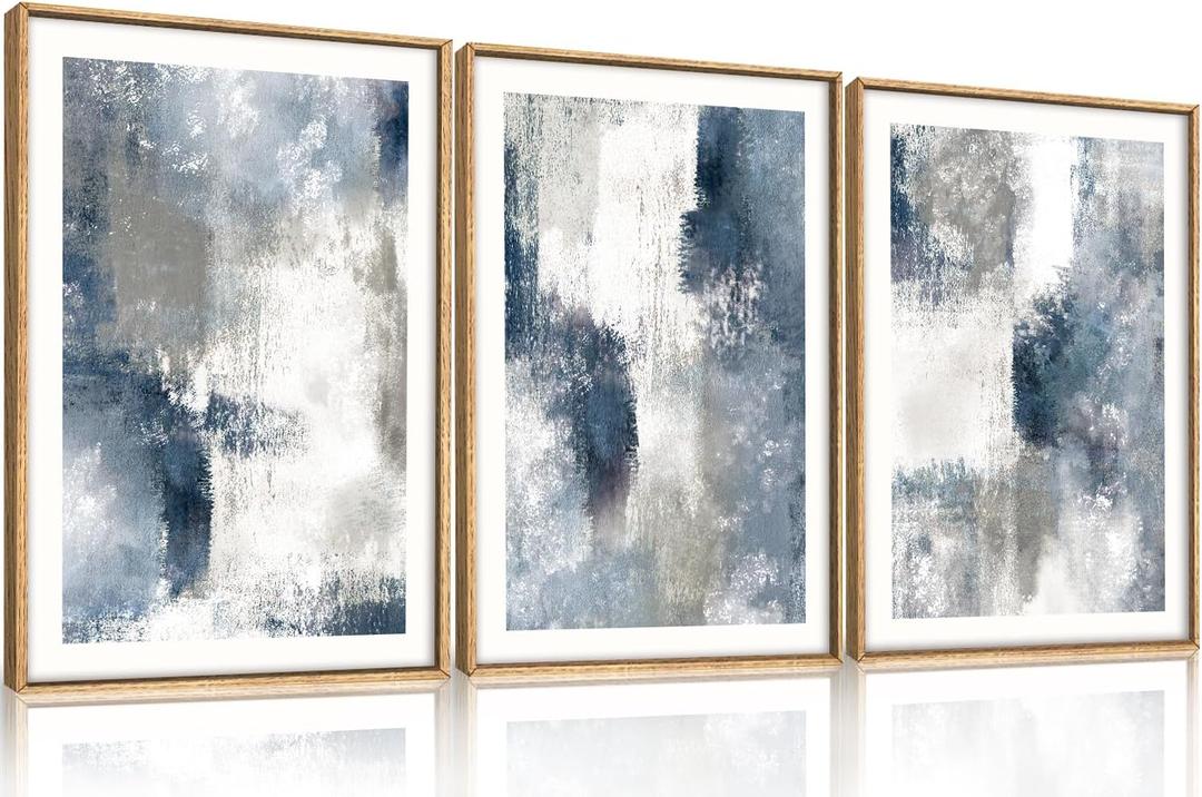 HOURIA Abstract Navy Blue Gray Framed Canvas Wall Art Set,Neutral White Brush Stroke Wall Decor,Minimalist Color Block Shapes Artwork,Modern Pastel Prints for Living Room,Bedroom,Farmhouse- 24"x36"x3