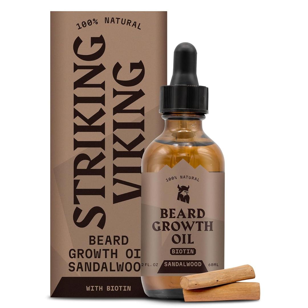 Striking Viking Beard Growth Oil with Biotin - 2 Fl Oz, 1 Pack, Sandalwood - Thickening, Conditioning Biotin Beard Growth Serum for Men with Argan & Jojoba Oil - Facial Hair Serum for Men
