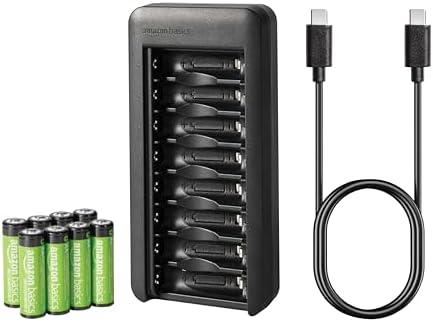 Amazon Basics Rechargeable AA NiMh Batteries with 8-Bay Battery Charger, USB-C Port, No AC Power Adapter, 8 Count (Pack of 1), Black