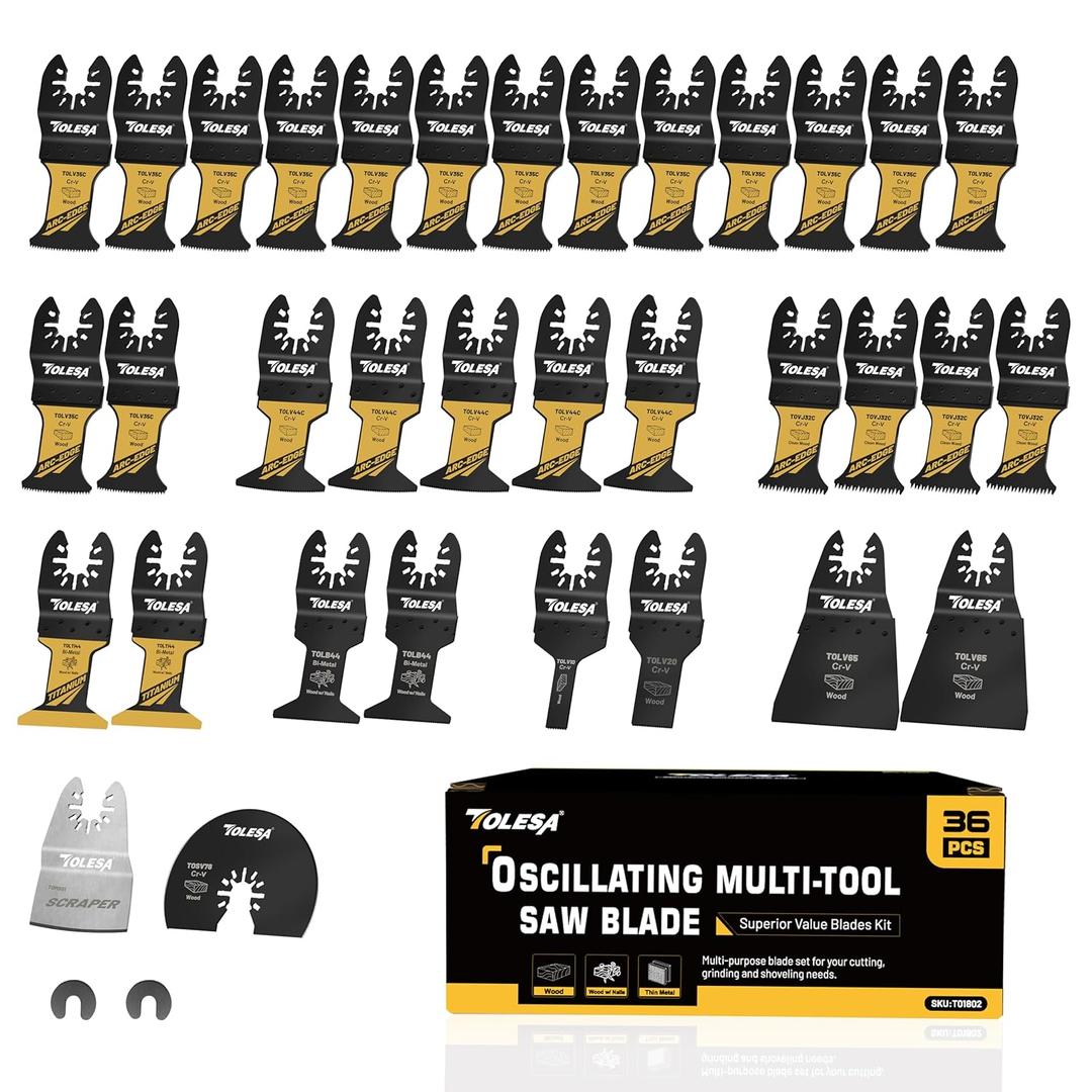 TOLESA 36 PCS Titanium Oscillating Tool Blades Kit, Multi-Purpose Set CR-V& Bi-Metal Oscillating Saw Blades for Wood, Metal, Wood, Plastic